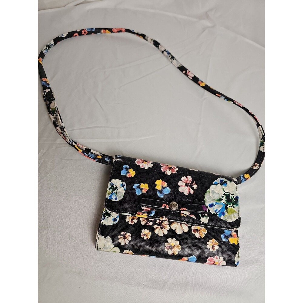 VTG Y2K Nine West Floral Crossbody Purse Black Leather Wallet Handbag